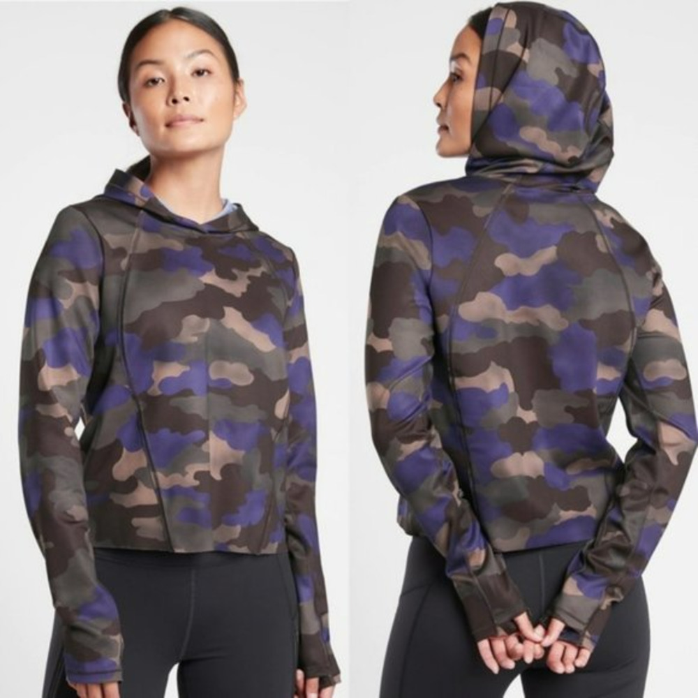 Athleta Pinnacle Hoodie in Mantra Print Purple Brown Sweatshirt‎ Size XS